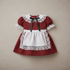 Traditional Welsh baby costume in red checked fabric with white lace trim and apron for ages 6-12 months - professional product shot