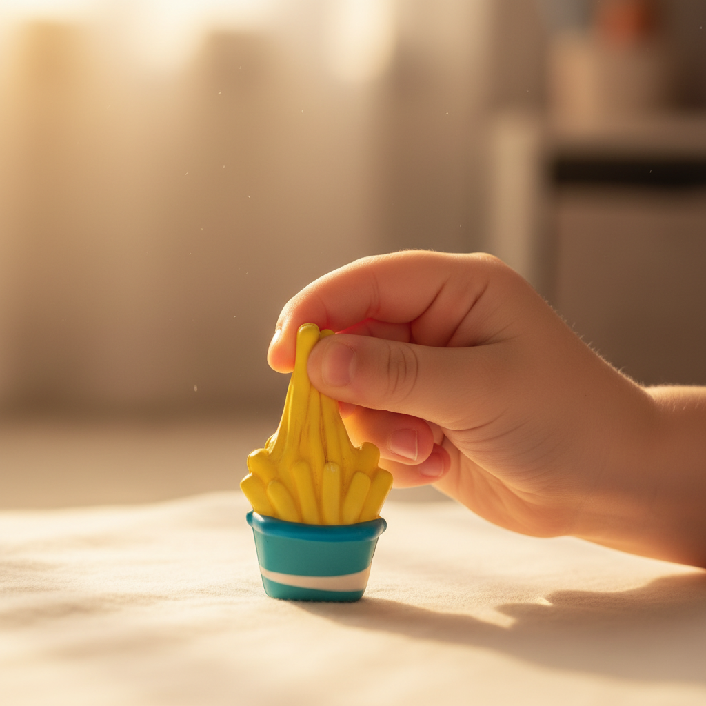 Child squeezing a cute slow rise squishy fast food toy in golden hour light - fun and playful
