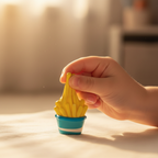 Child squeezing a cute slow rise squishy fast food toy in golden hour light - fun and playful