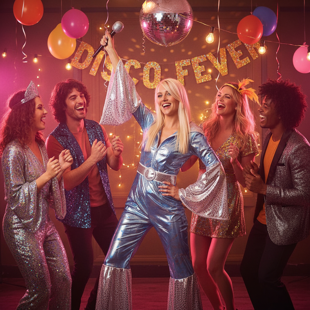 Happy woman wearing ABBA Waterloo costume at fancy dress party with friends