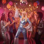 Happy woman wearing ABBA Waterloo costume at fancy dress party with friends