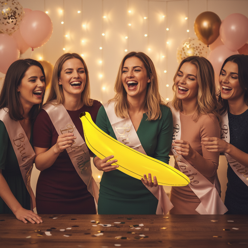 Women at a hen party with one holding an inflatable banana 80cm as a party prop