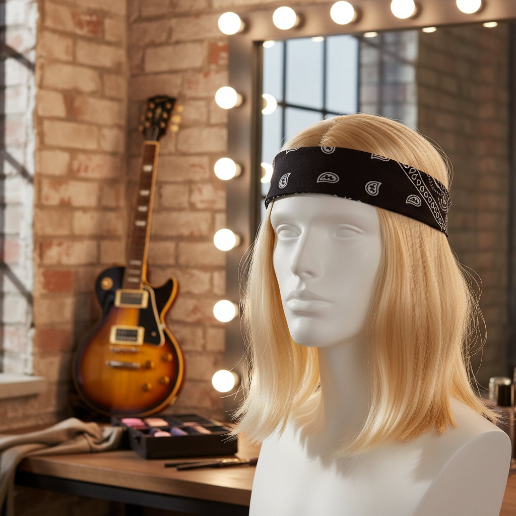Mens 90s Blonde Rocker Wig with Black and White Paisley Bandana displayed on wig stand in stylish backstage dressing room with guitar and bulb mirror
