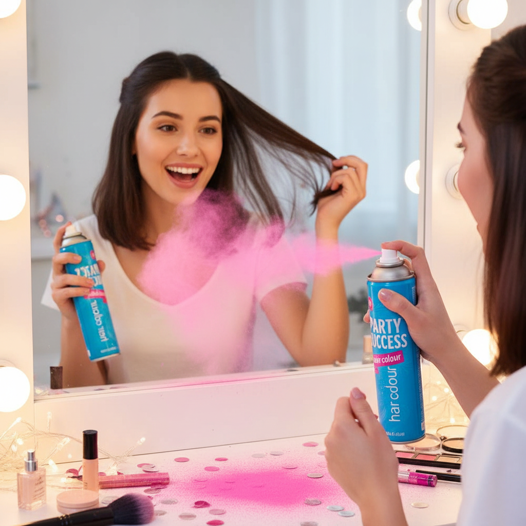 Woman applying Party Success pink temporary hair colour spray - easy application for instant transformation
