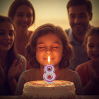 Child making a birthday wish with Pink Number 8 Candle glowing on cake