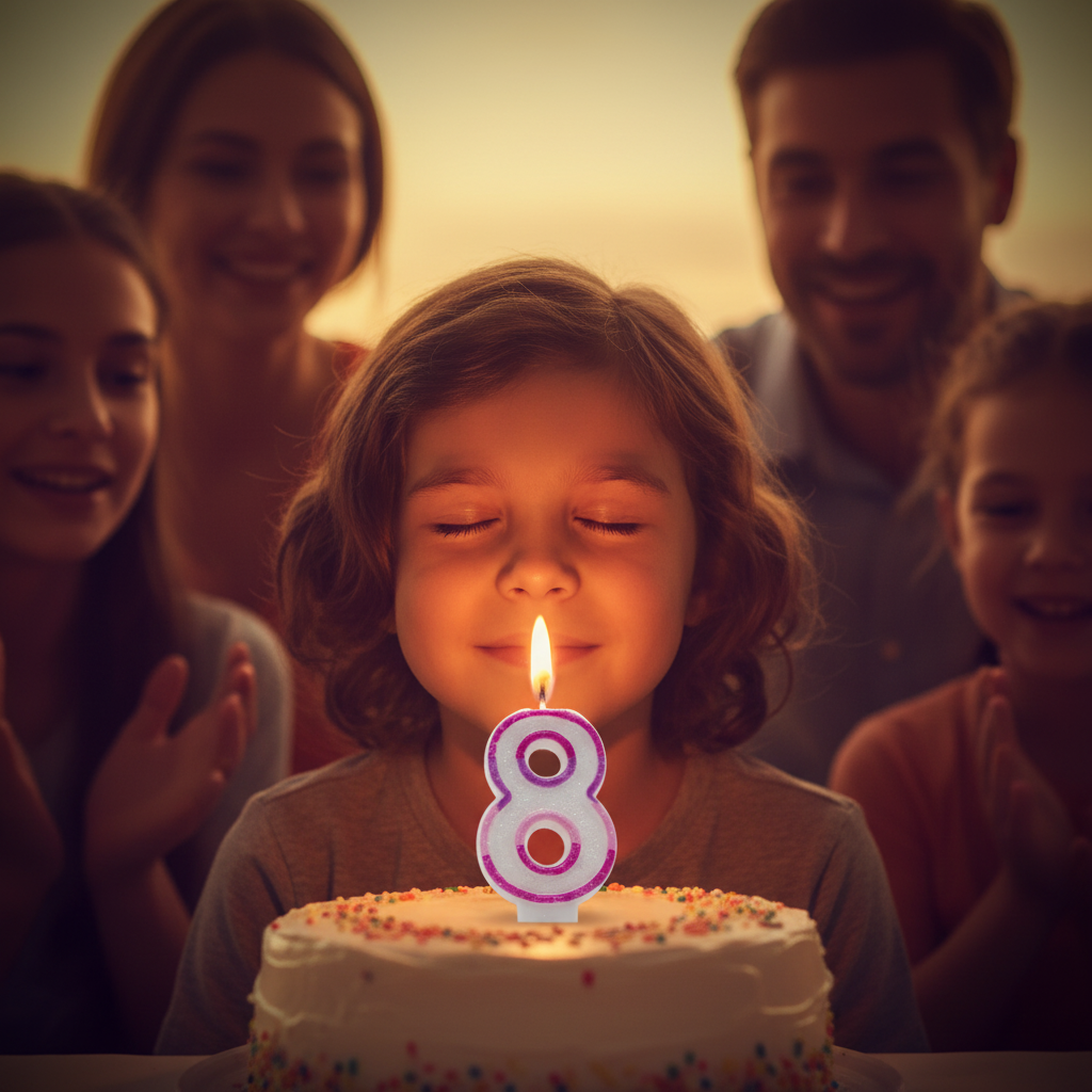 Child making a birthday wish with Pink Number 8 Candle glowing on cake