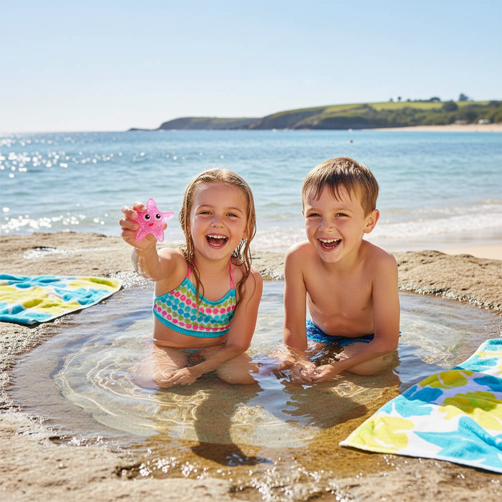 Two children playing with glittery starfish squeeze toy at seaside rock pool