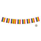 Rainbow Gay Pride Bunting flat lay showing all 11 rectangular flags beside a £1 coin for scale on white background