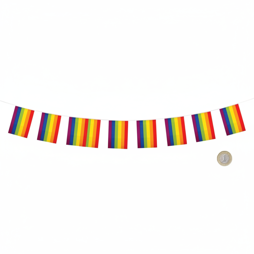 Rainbow Gay Pride Bunting flat lay showing all 11 rectangular flags beside a £1 coin for scale on white background