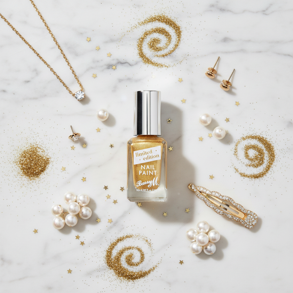 Barry M Gold Nail Polish flat lay with gold accessories on white marble