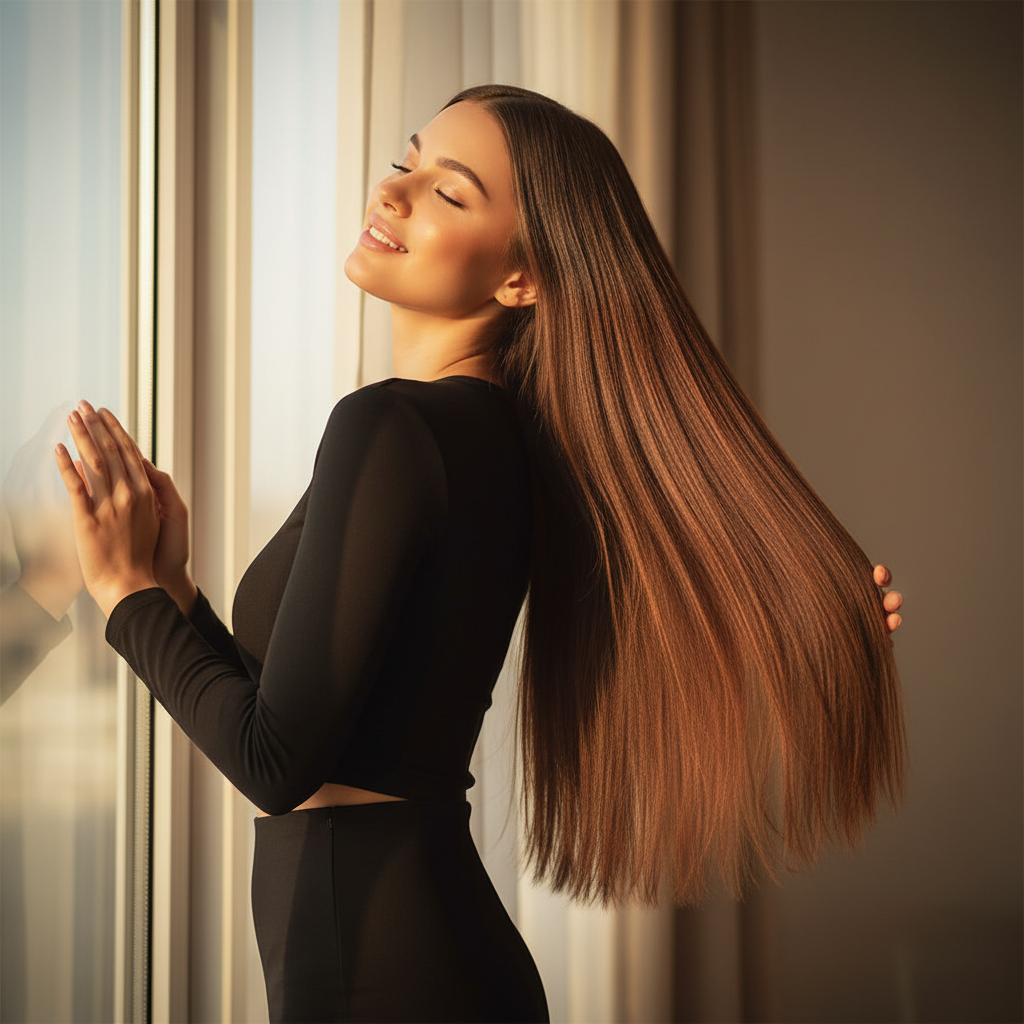 Woman with long sleek straight dark brown hair in golden hour light running fingers through her hair wearing 20 inch clip-in extension