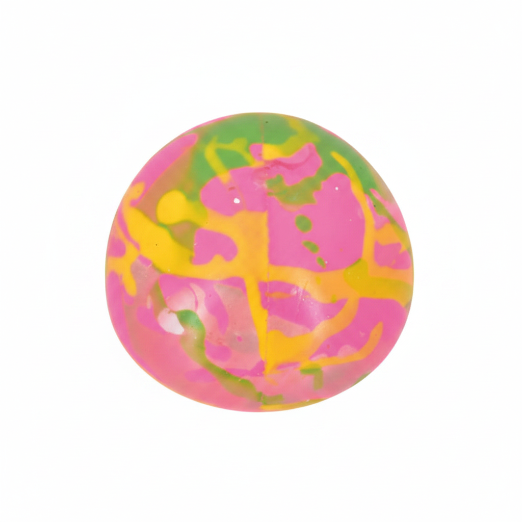 Squishy Graffiti Ball on pure white background, showing vibrant multicolour swirled graffiti pattern in pink, yellow-green, blue and purple