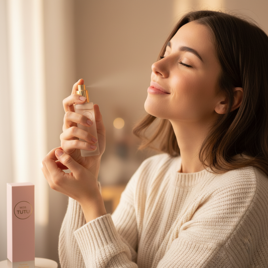 Woman applying Milton Lloyd Miss Tutu perfume — candid lifestyle moment with frosted bottle and gold cap