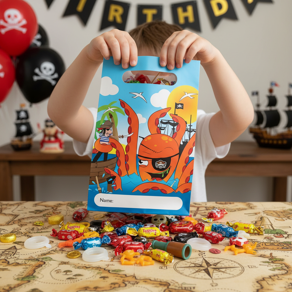 Child opening pirate-themed party bag filled with colorful treats, toys and party favors at birthday celebration