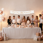 Elegant 18th birthday party room decorated with white and rose gold holographic banner and luxury party decorations