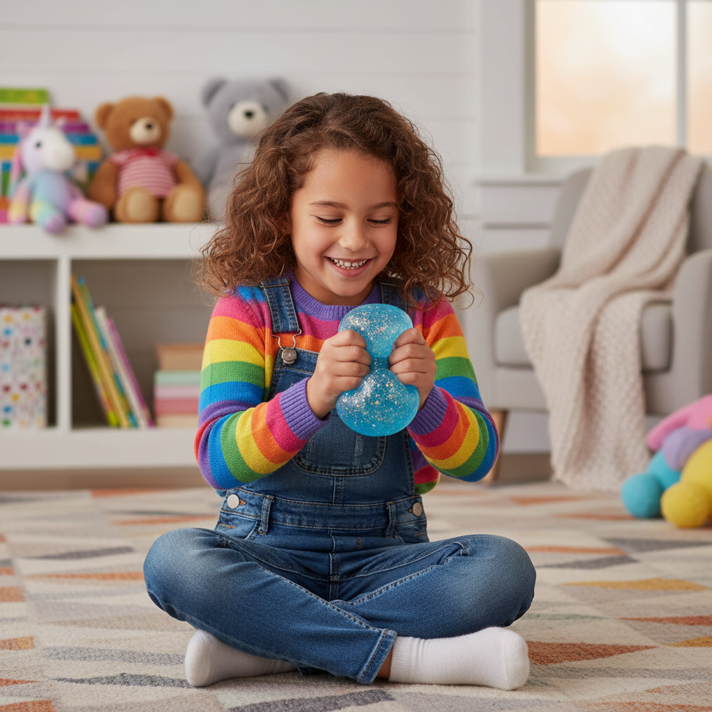 Girl sitting on rug happily squishing Scrunchems Sugar Diamond Squishie Glitter Toy - Why Not Shop