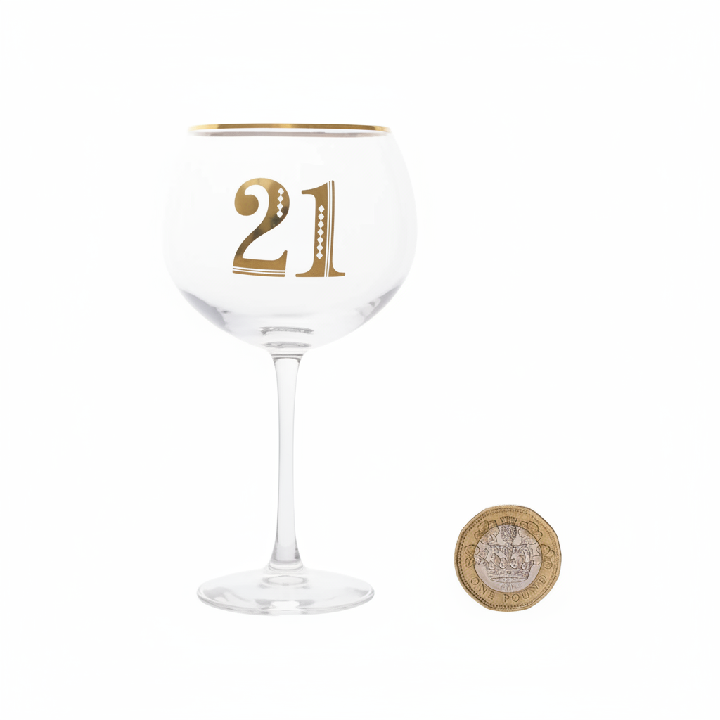 Art Deco 21st Birthday Gin Glass flat lay beside a £1 coin on white background showing product size and scale