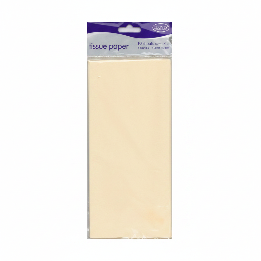 Ivory tissue paper pack of 10 sheets in retail packaging on a pure white background, studio lighting, Amazon hero shot