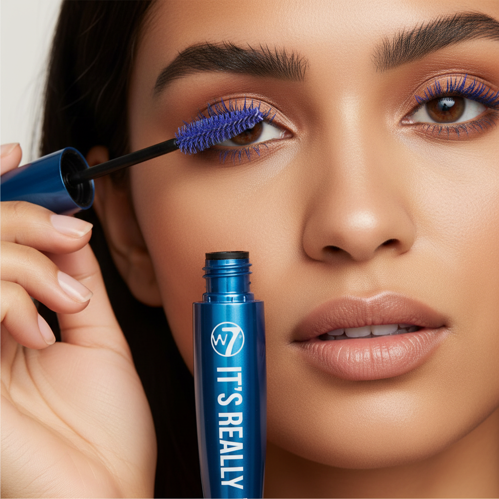 Young woman with striking electric blue lashes applying W7 It's Really Colour Mascara Electric Blue, bold editorial beauty look
