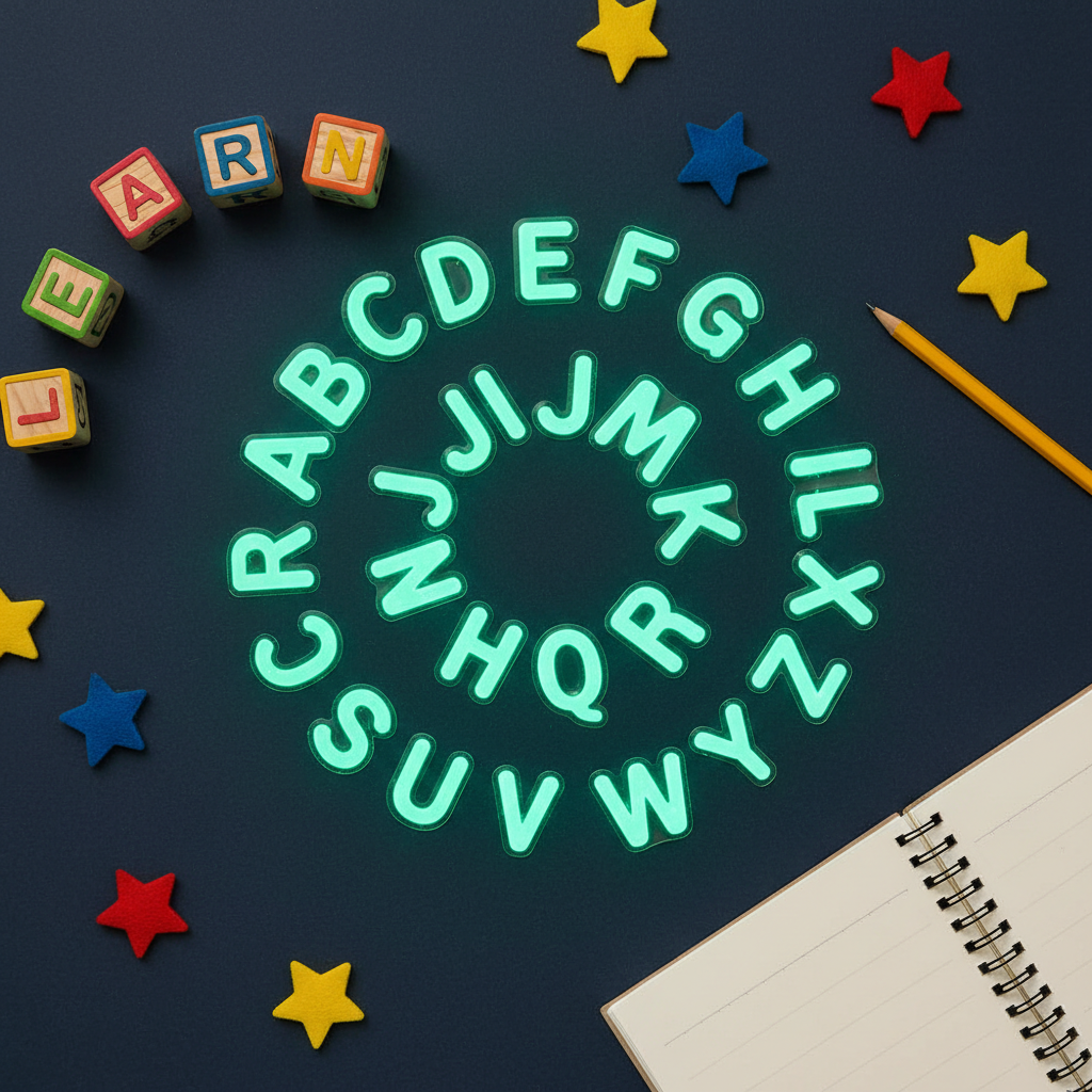 Flat lay of glow in the dark alphabet letter stickers glowing green on dark navy background with educational props