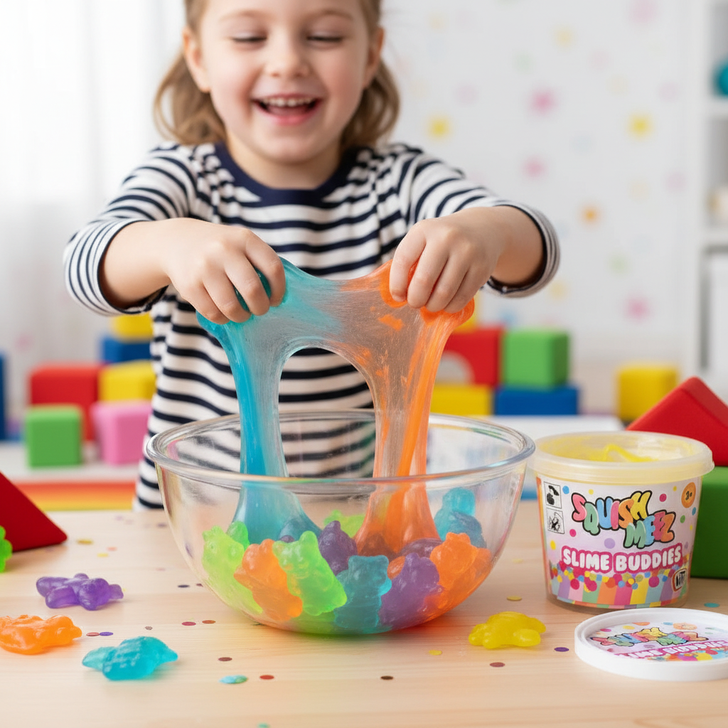 Child playing with Slime Buddies - hands-on creative sensory play with colorful slime toys