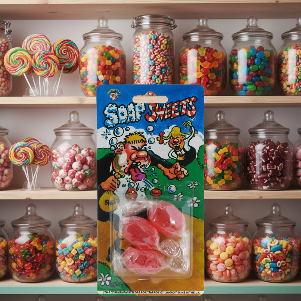 Joke Soap Sweets Pack of 3 novelty prank gift displayed on a colourful candy shop background