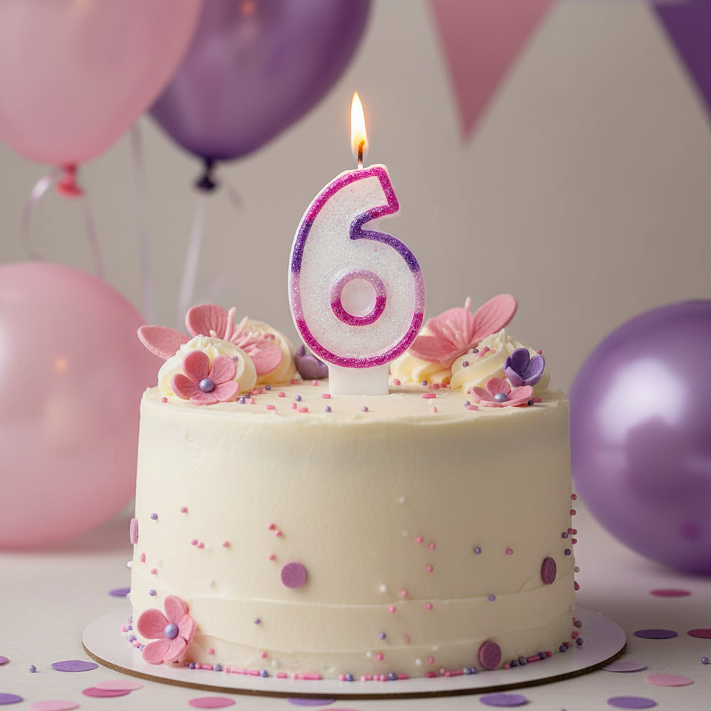 Lit pink glitter number 6 birthday candle glowing on decorated birthday cake surrounded by pink and purple party decorations