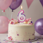 Lit pink glitter number 6 birthday candle glowing on decorated birthday cake surrounded by pink and purple party decorations