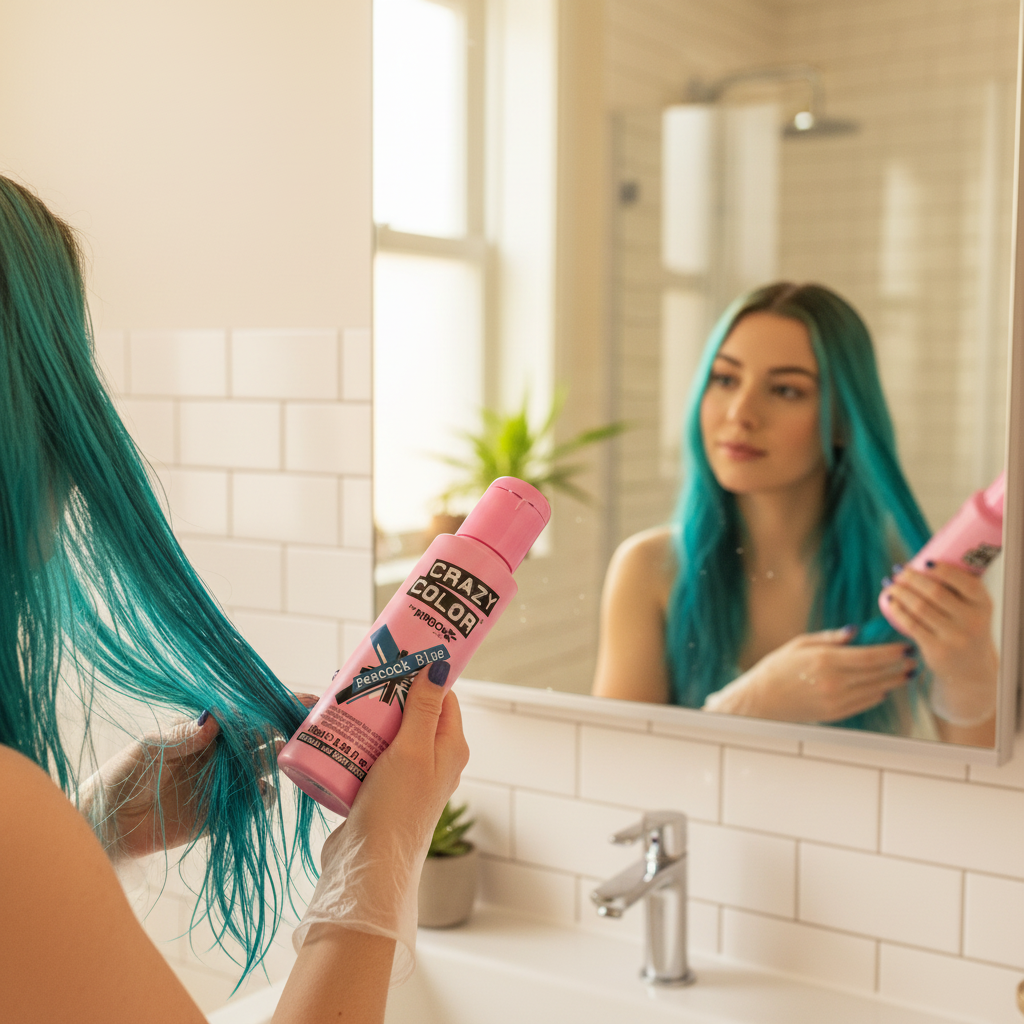 Woman with vivid teal hair authentically applying Crazy Color Peacock Blue hair dye in a bright bathroom — candid beauty moment