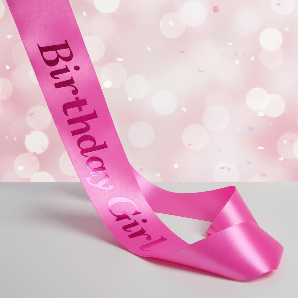 Pink Birthday Girl Satin Sash product shot on soft pink background — vibrant satin fabric with bold lettering