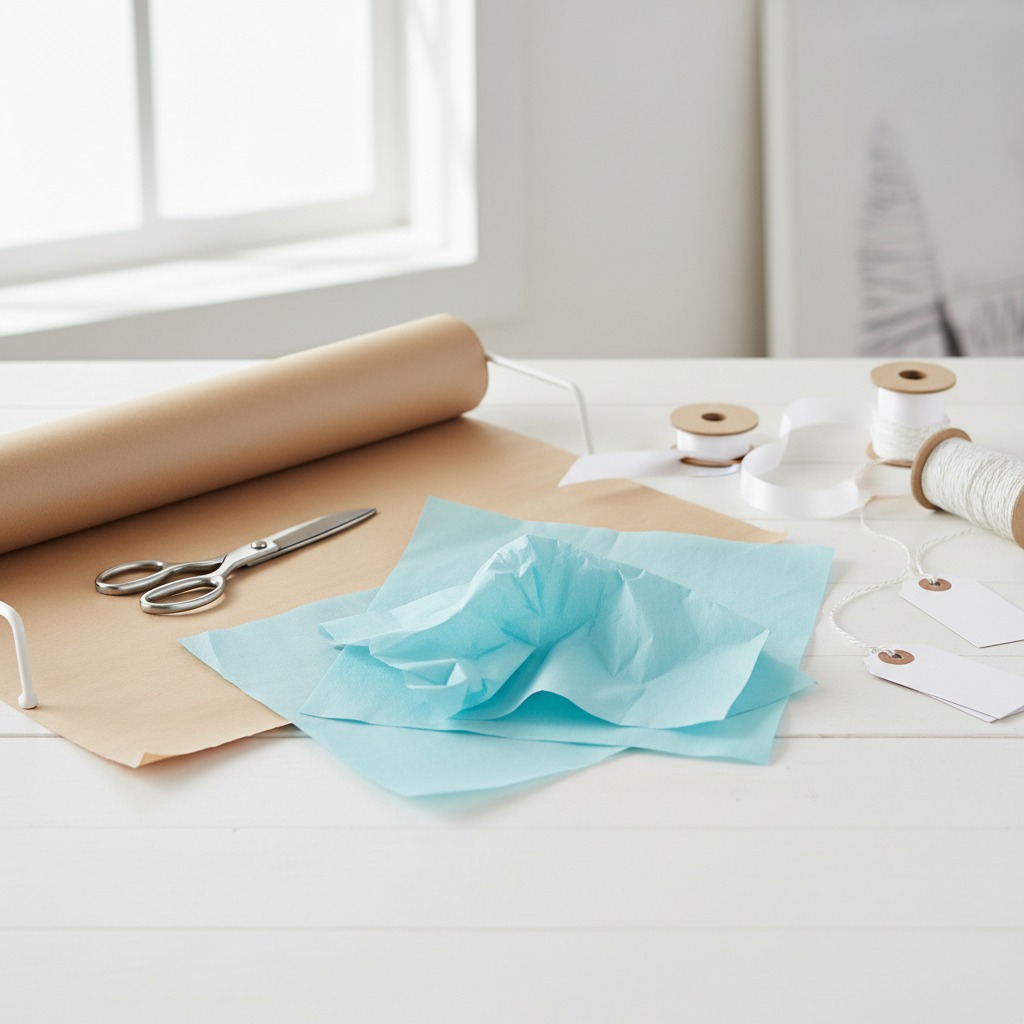 Light blue tissue paper arranged in a gift wrapping station with ribbon and scissors, natural window light, lifestyle photography