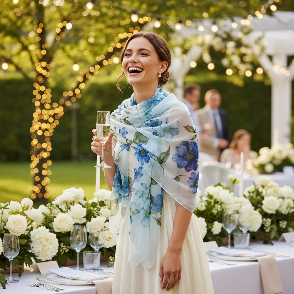 Stylish woman at a summer garden party wearing a blue floral chiffon scarf as a wrap, celebrating with champagne
