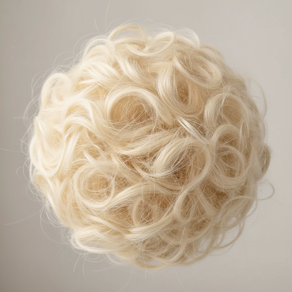 Extreme macro close-up of 613 Daisy platinum blonde curly hair bun showing individual curl texture and premium synthetic fibre quality