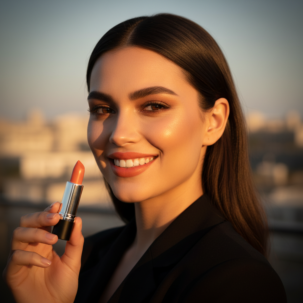 Bold confident woman with vibrant orange lips holding Laval Honey Bun 34 in golden hour light