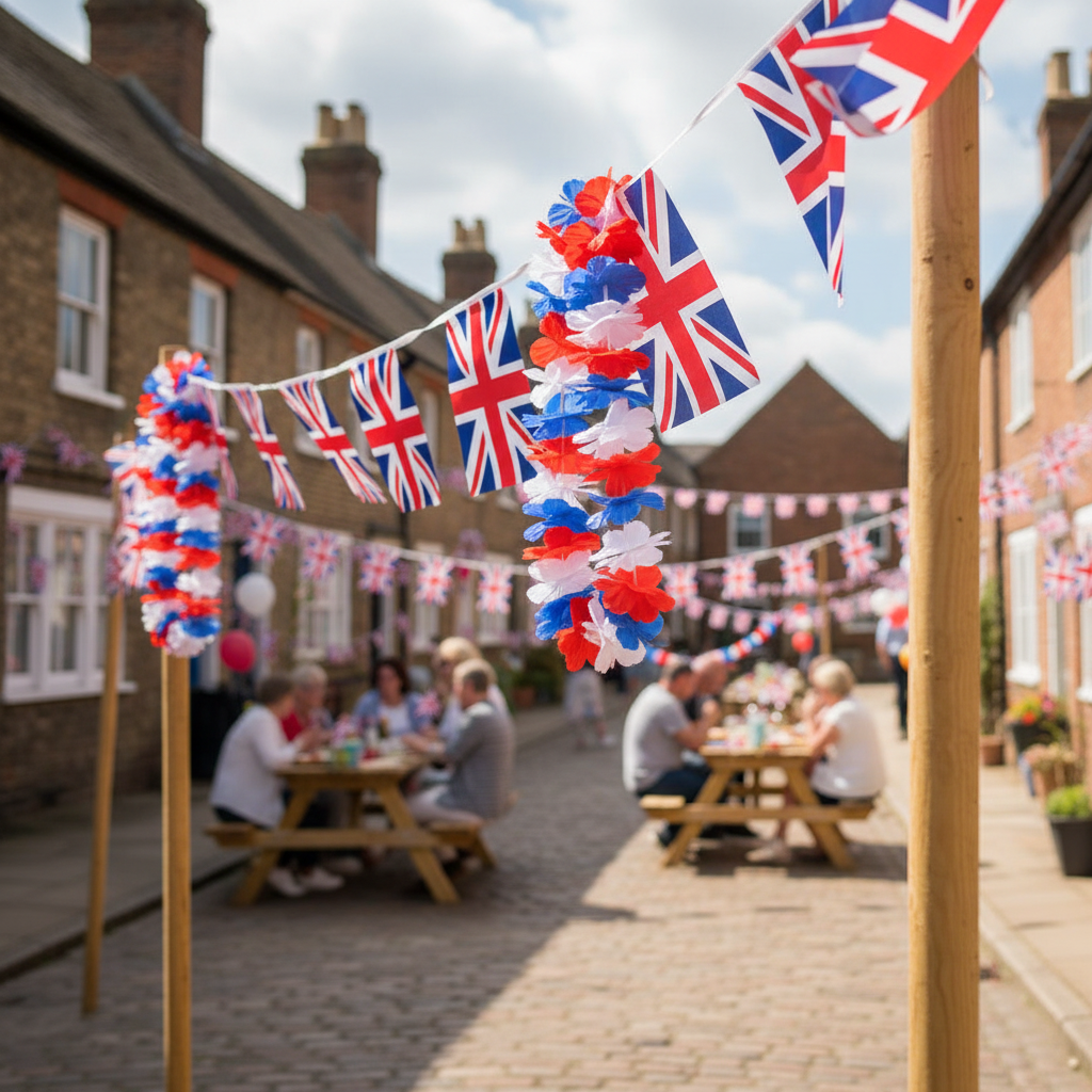 Red, white and blue Hawaiian lei necklaces draped over Union Jack bunting at a British street party