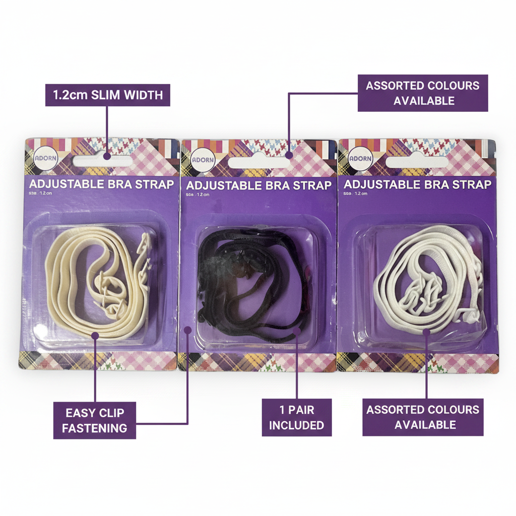 Adorn Adjustable Bra Straps feature infographic highlighting 1.2cm slim width, fully adjustable length, 1 pair included, assorted colours and easy clip fastening