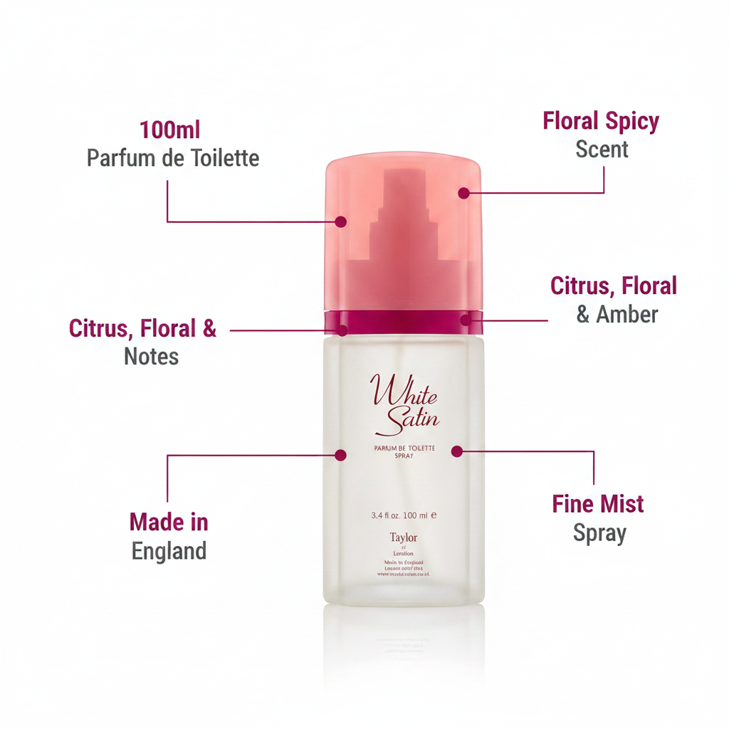 Taylor of London White Satin EDT 100ml feature infographic with callout labels highlighting key product benefits