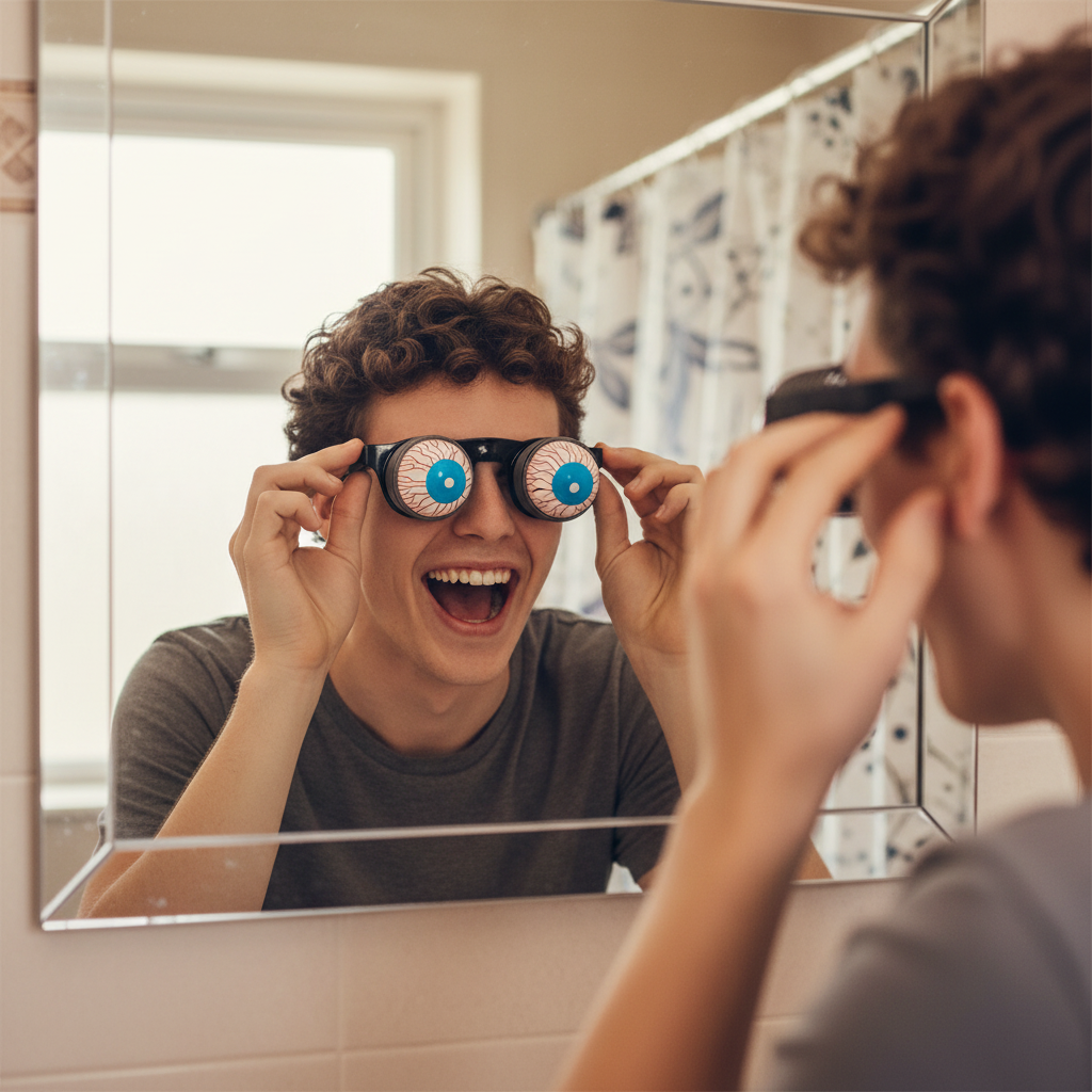 Person putting on joke pop-out eye glasses and laughing at their reflection — candid 85mm bokeh lifestyle shot with warm colour grade