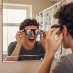 Person putting on joke pop-out eye glasses and laughing at their reflection — candid 85mm bokeh lifestyle shot with warm colour grade