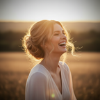 Confident woman with voluminous honey blonde wavy bun updo laughing outdoors at golden hour — aspirational lifestyle shot