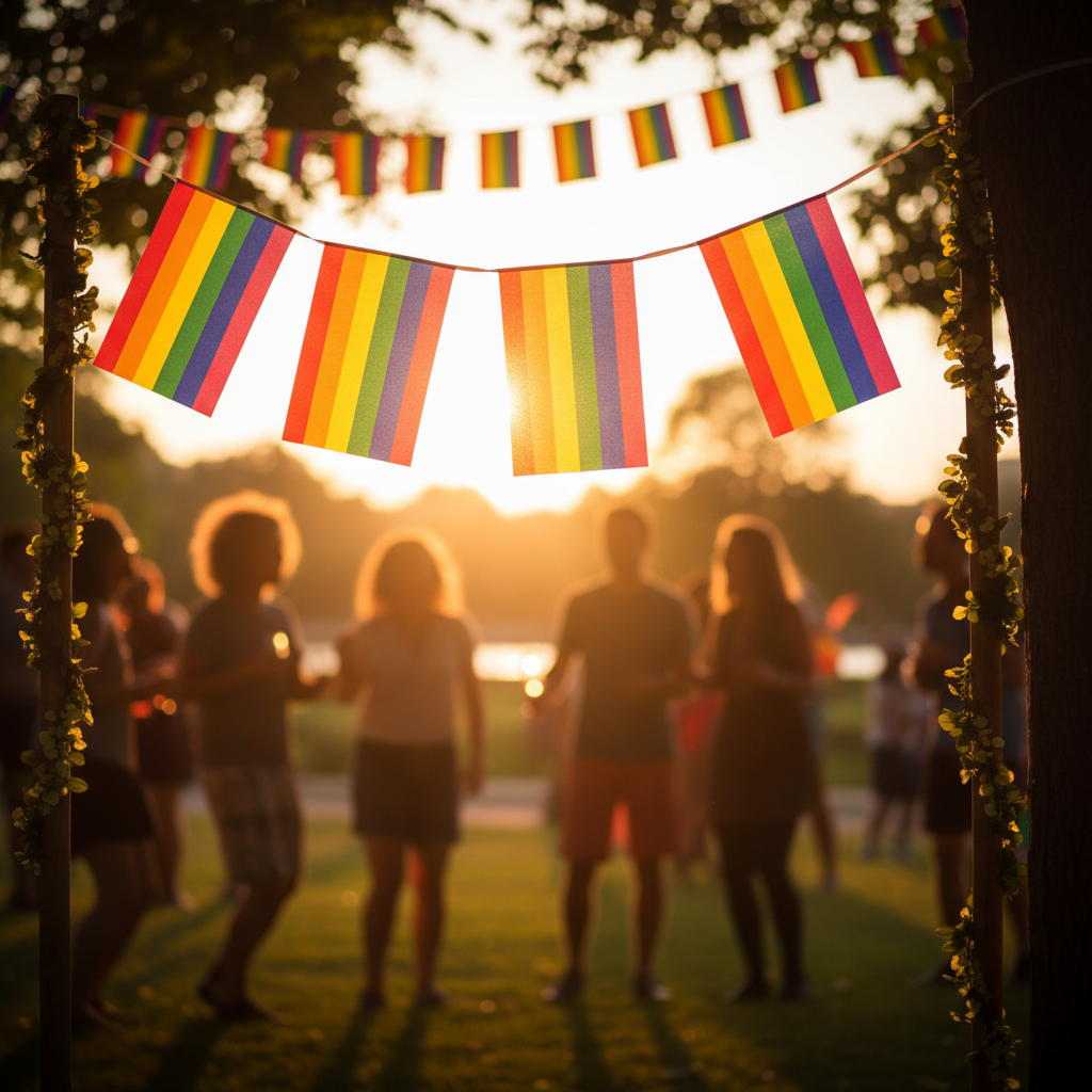 Gay Pride rainbow flag bunting strung outdoors at Pride garden party in warm golden hour light