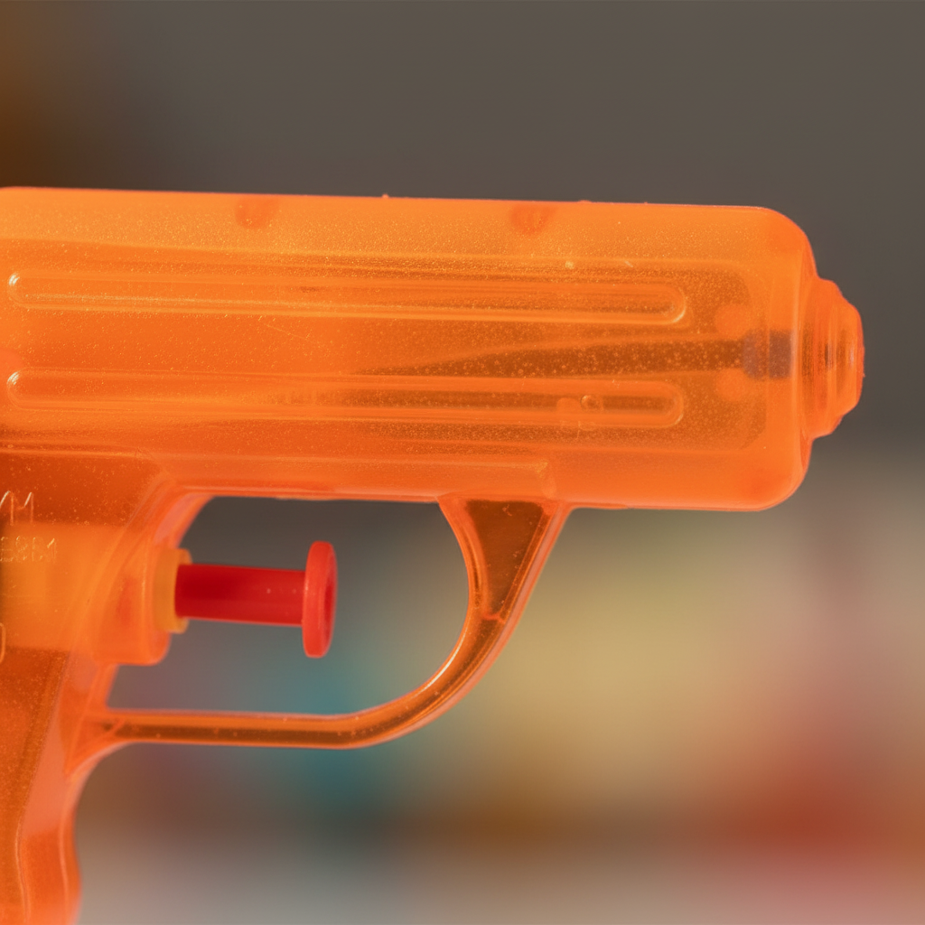 Extreme macro close-up of transparent neon orange water pistol showing plastic texture and trigger mechanism detail