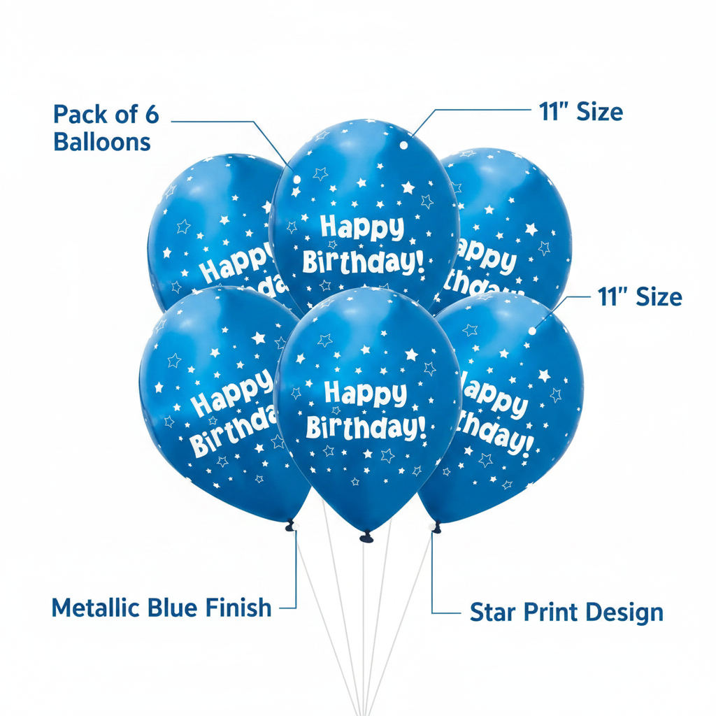 11 inch metallic royal blue Happy Birthday star latex balloons pack of 6 — feature infographic showing pack contents, size and finish