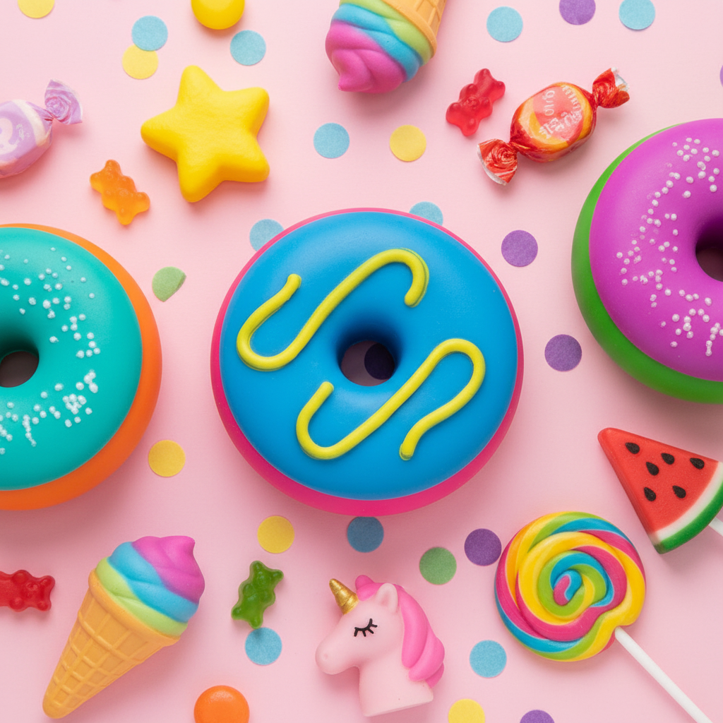 Scrunchems Donut Squishy flatlay with colourful squishies confetti and candy on pink background