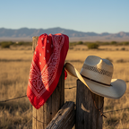 Red and white paisley bandana draped over rustic wooden fence post in sunny Western outdoor setting
