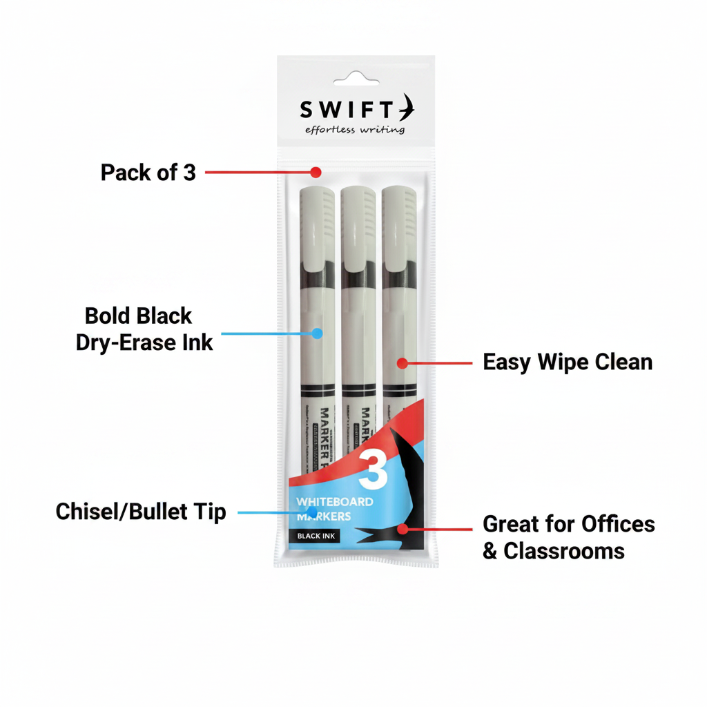 Swift Black Whiteboard Markers 3 Pack feature infographic with callout labels highlighting Pack of 3, Bold Black Ink, Easy Wipe Clean, and more