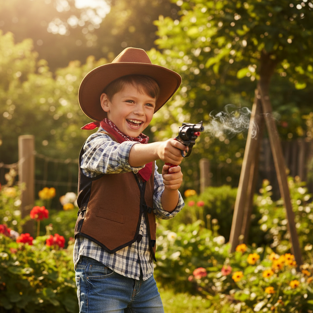 Child playing cowboys with 8-Shot Toy Cap Gun Play Set outdoors