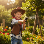 Child playing cowboys with 8-Shot Toy Cap Gun Play Set outdoors