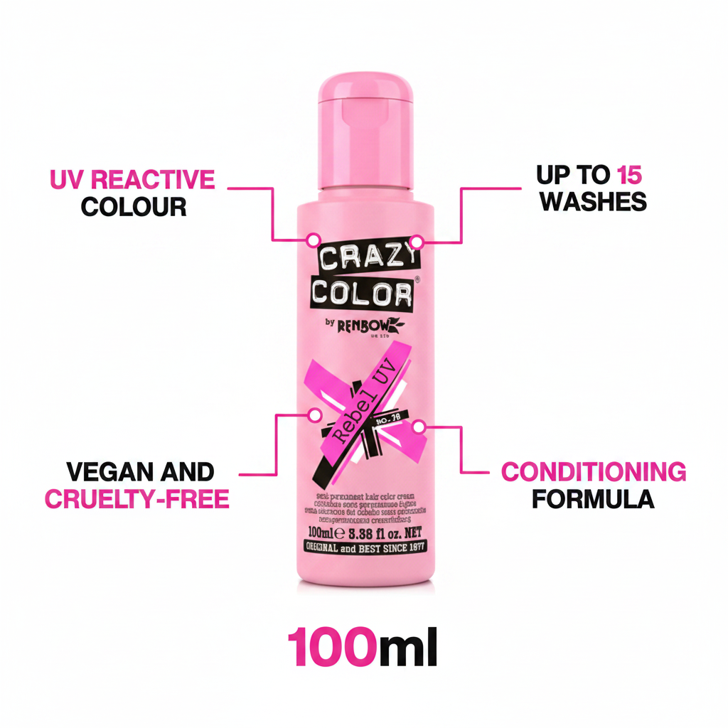 Crazy Color Rebel UV Neon Pink Hair Dye 100ml - feature infographic with key benefits callouts