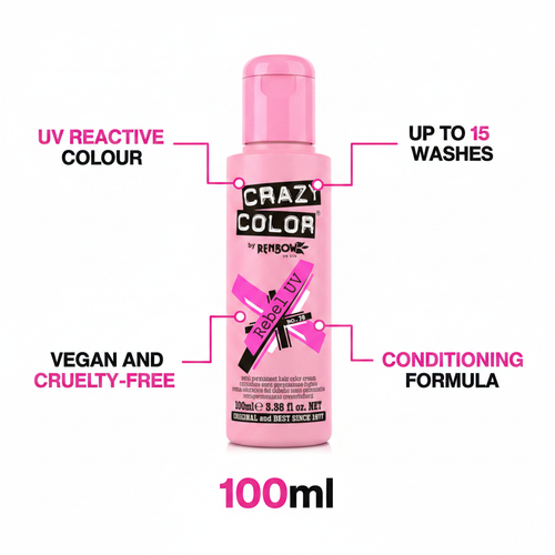 Crazy Color Rebel UV Neon Pink Hair Dye 100ml - feature infographic with key benefits callouts